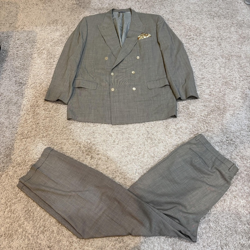 Ermenegildo Zegna Suit Mens 40 Tan Check Double Breasted 2 Piece Peak Lapel